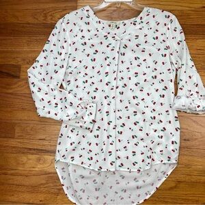 Cherry Print High - Low Roll Tab Sleeves Blouse Medium